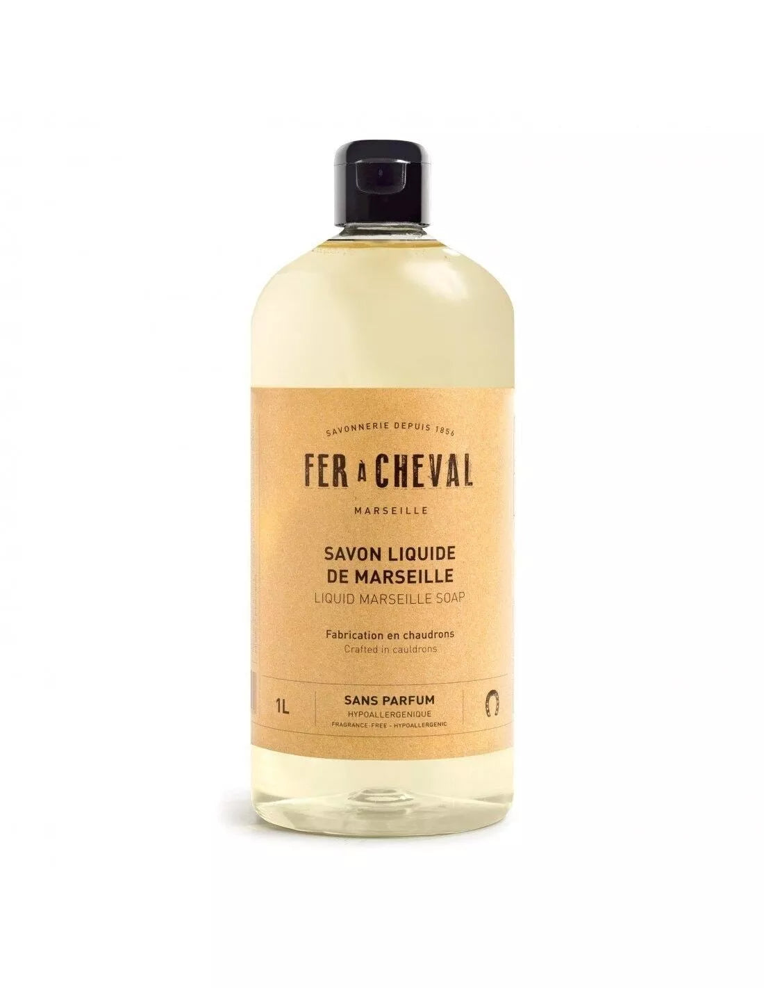 Bottle of Fer a Cheval Marseille liquid soap on a white background